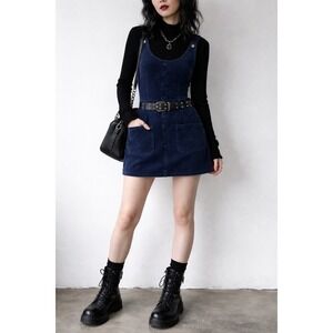 VTG 90s Grunge Corduroy Pinafore Jumper Dress Navy Pocket Overall M